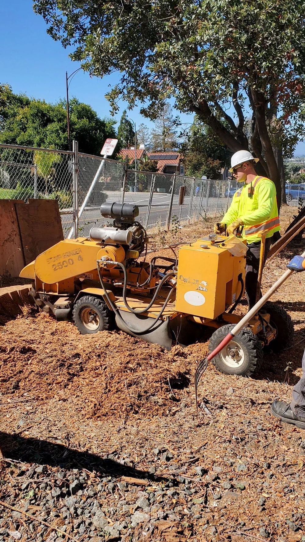 Person operating a stump grinder; outdoors, sunny. Yellow machine grinds wood debris. Person wears a hard hat and safety vest.